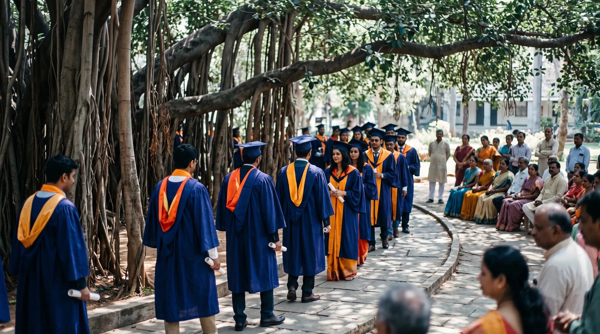 Graduates in indigo robes with saffron stoles walking under a banyan tree while families watch.