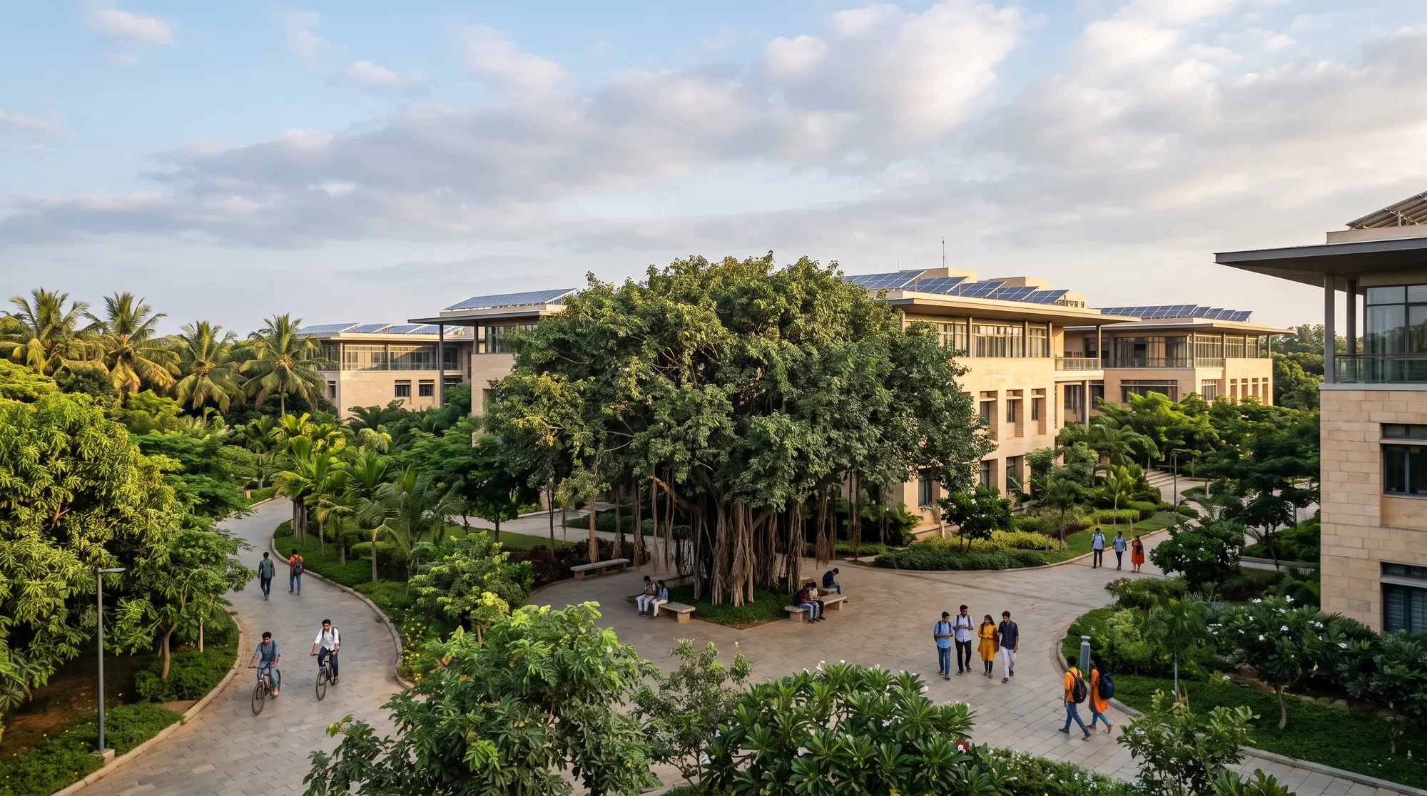 The Kaveri Campus in the morning: stone buildings with solar roofs around a large banyan tree, students walking and cycling on shaded paths.