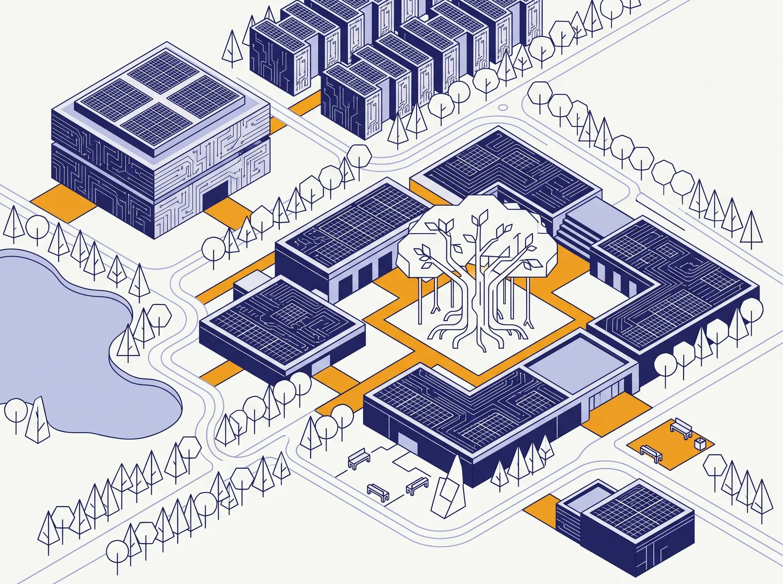 Isometric illustration of the campus: solar-roofed buildings around a banyan courtyard, a lake, residence halls and cycle paths.