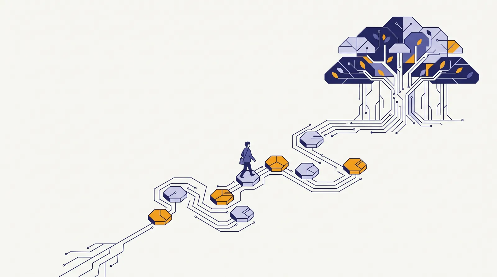 Illustration of a path of hexagonal stepping stones, drawn like a circuit trace, leading a student to a banyan tree.