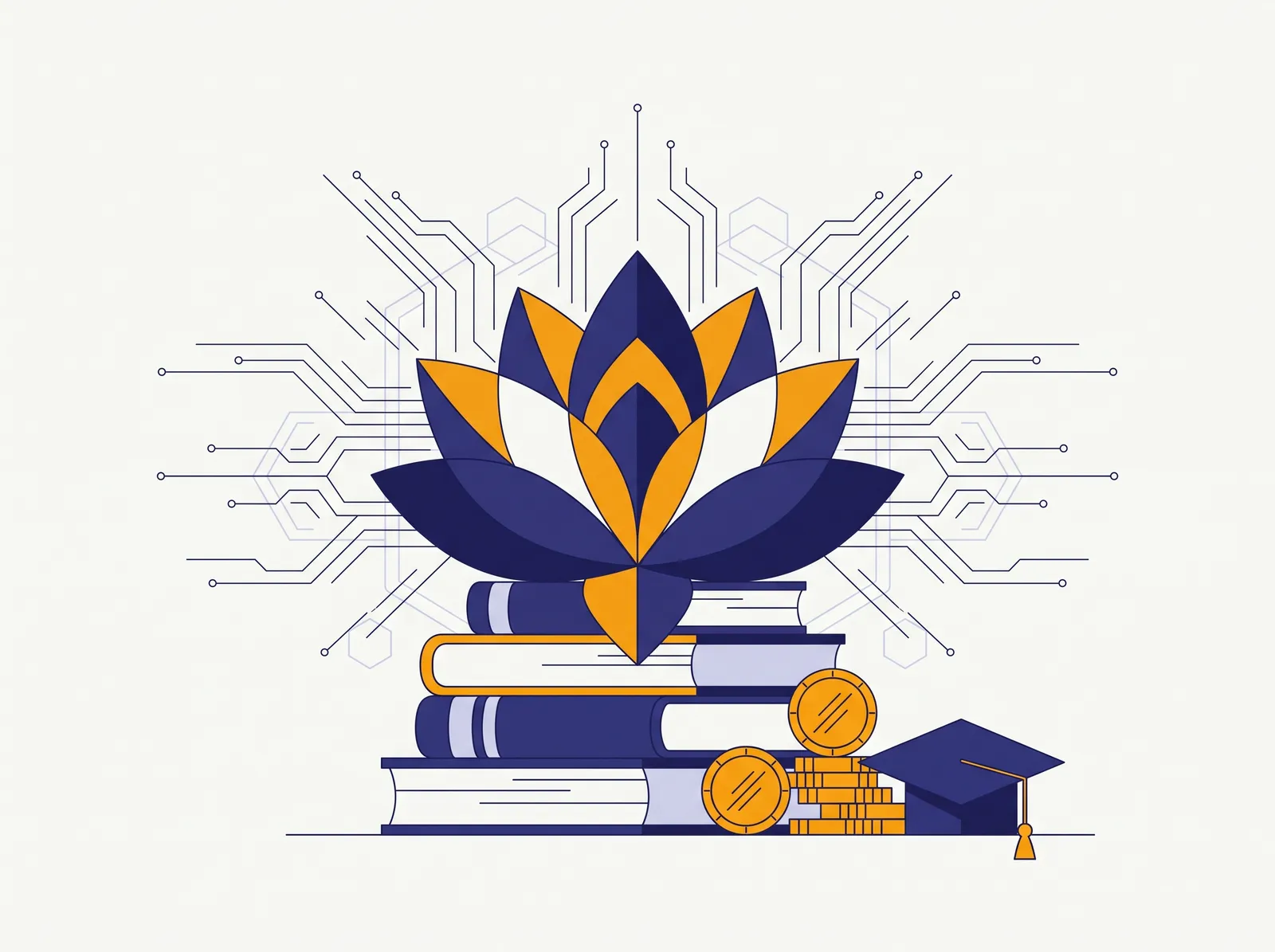 Illustration of a lotus opening from a stack of books, beside coins and a graduation cap.