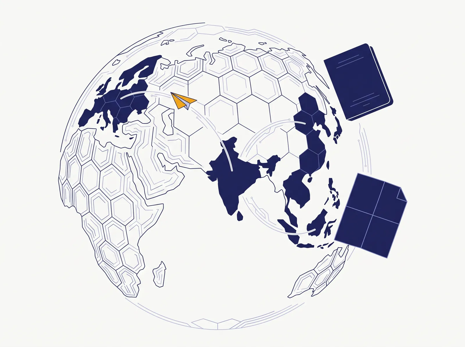 Illustration of a hexagonal globe with arcs connecting India to Europe and Asia, a passport and a letter.
