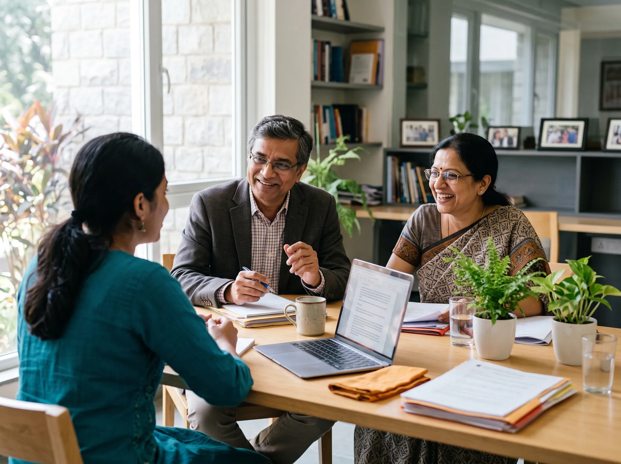 An applicant talking with two smiling faculty members across a wooden table.