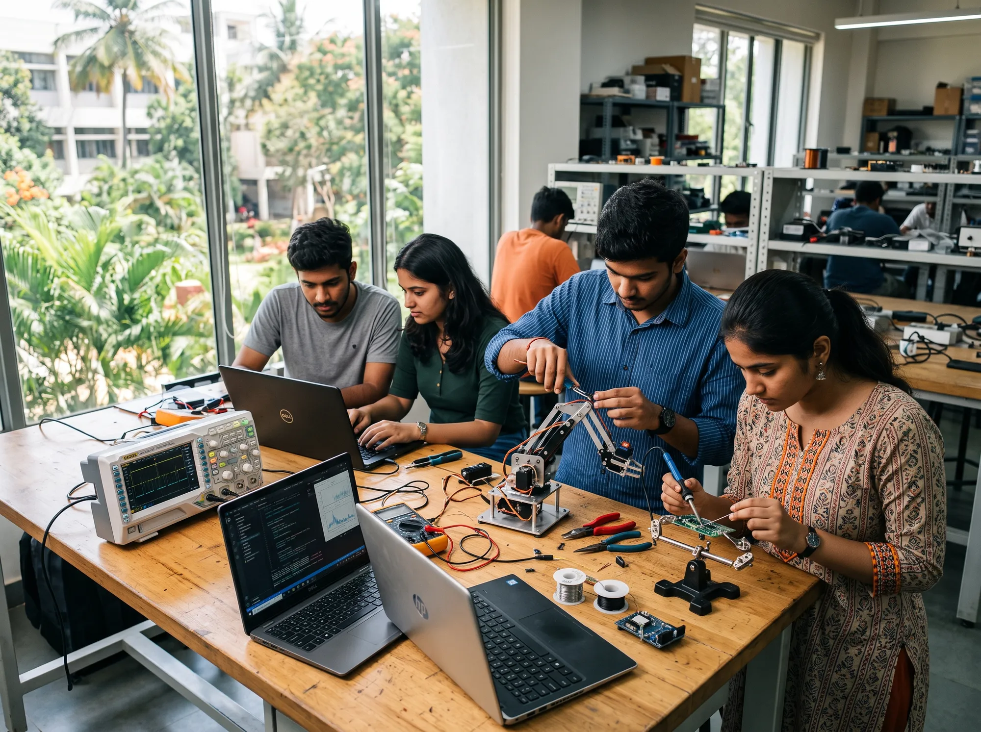 Students soldering a circuit board and adjusting a small robot arm in a bright electronics lab.