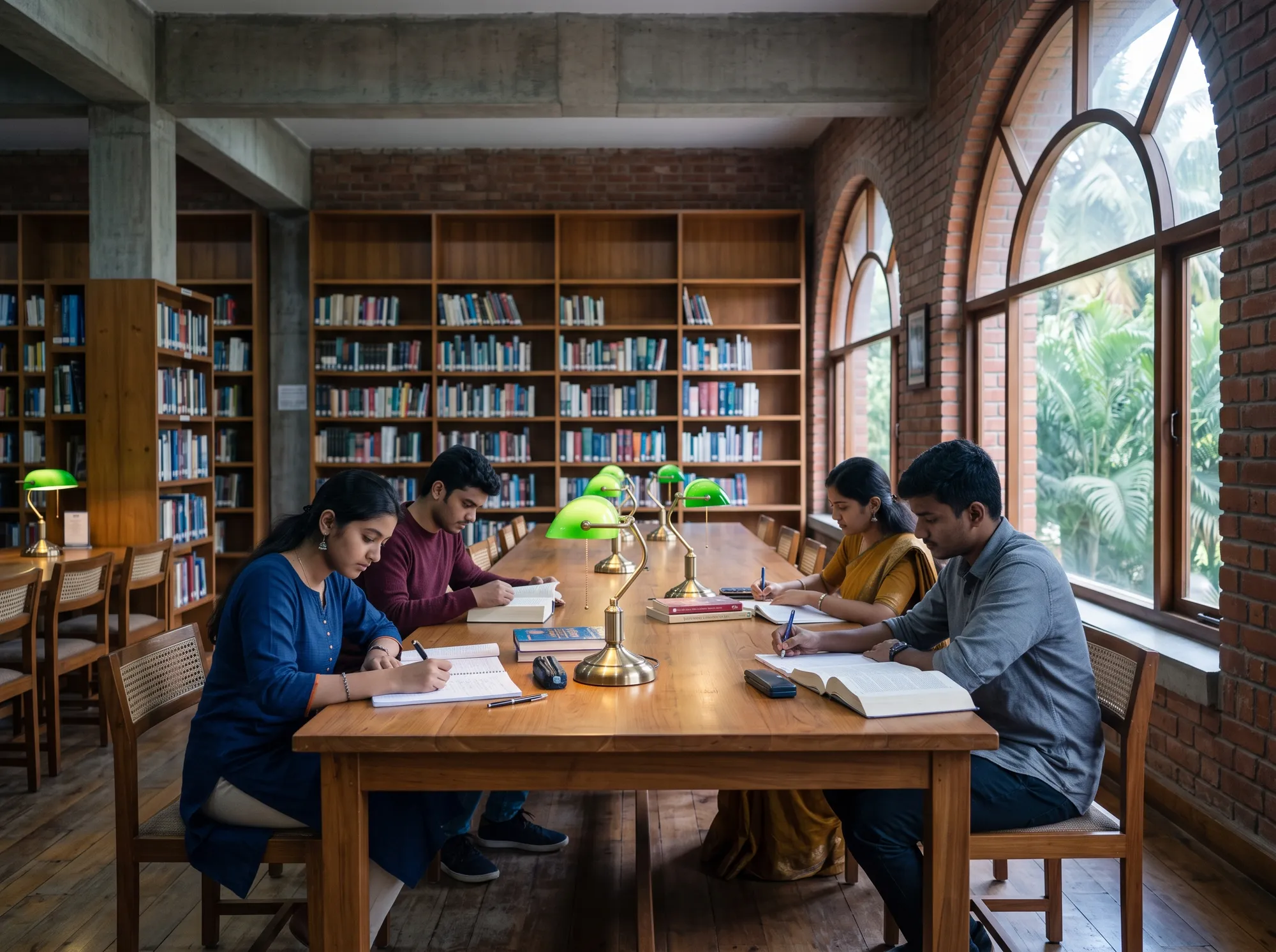 Students reading at long wooden tables in a brick reading room with arched windows.
