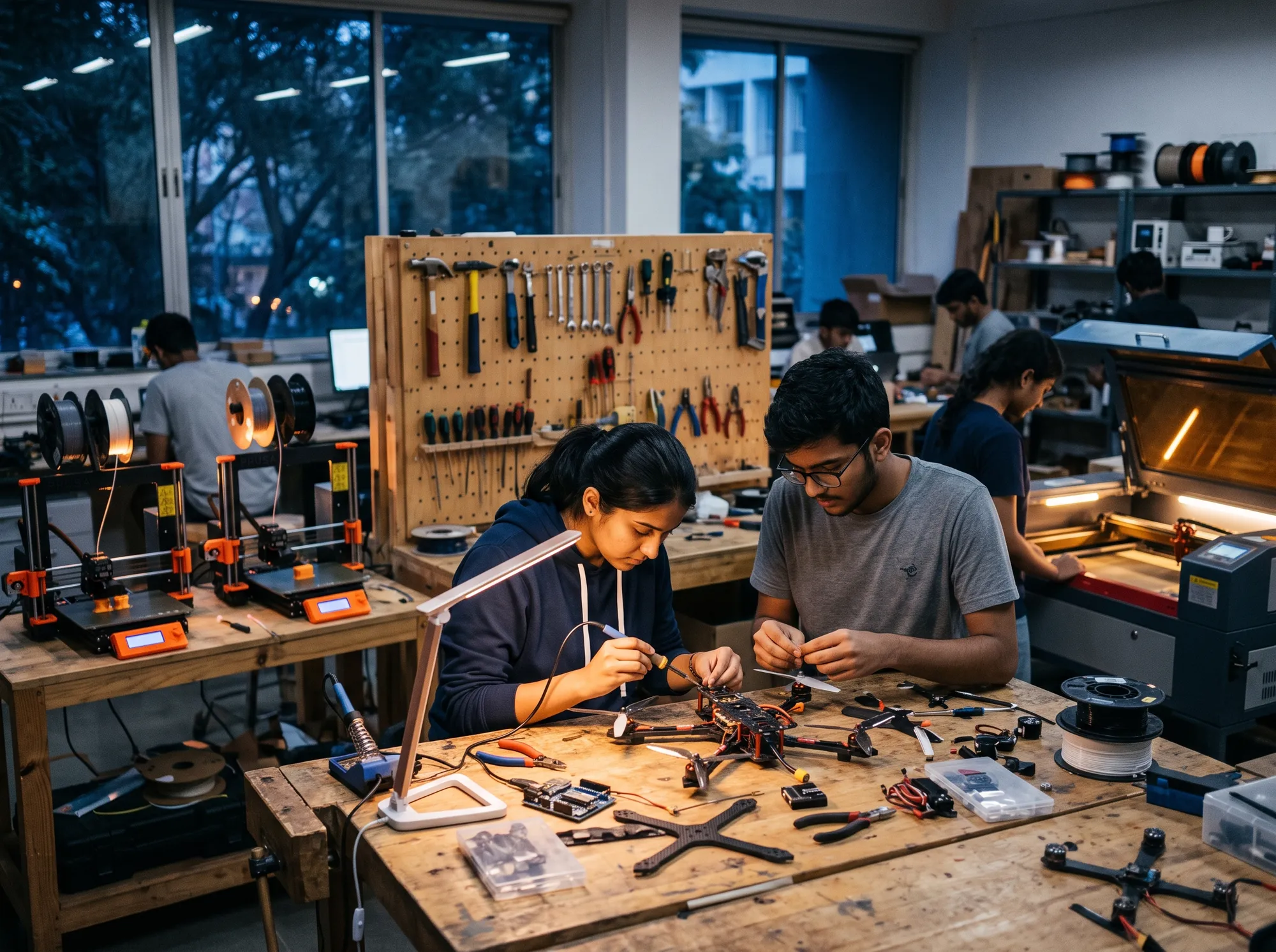 Two students building a drone in the makerspace at night, 3D printers behind them.