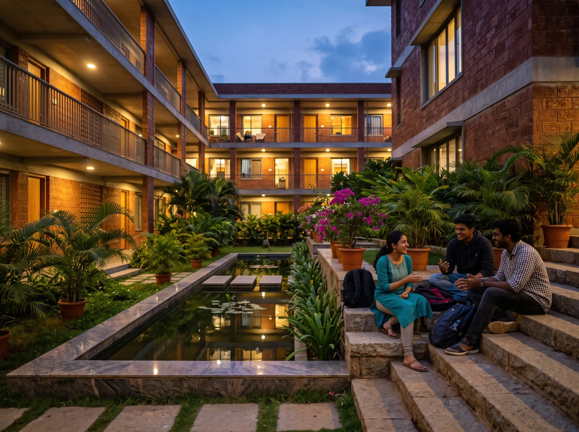 Students talking on steps in a residence hall courtyard at dusk, beside a reflecting pool.