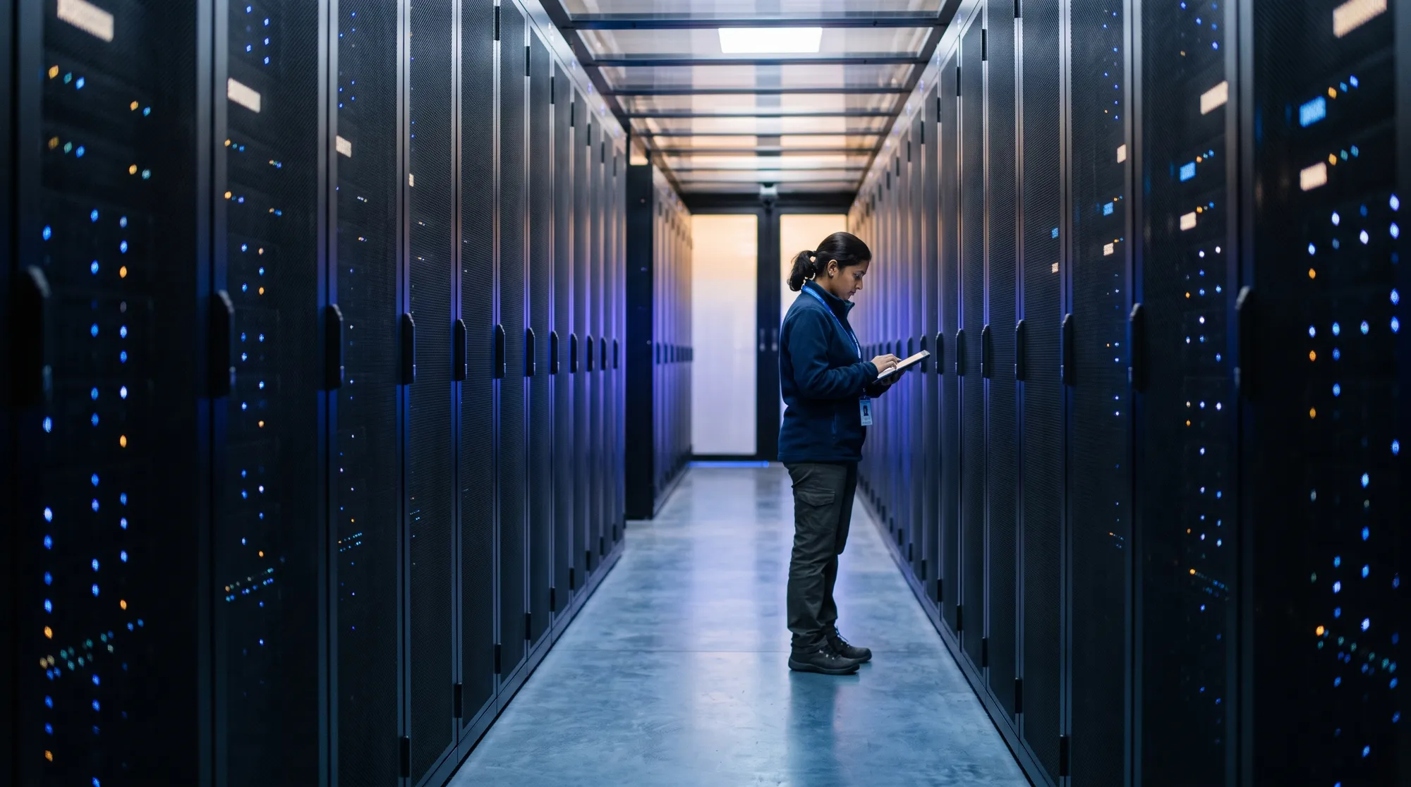 A researcher with a tablet in a long aisle of supercomputer racks.