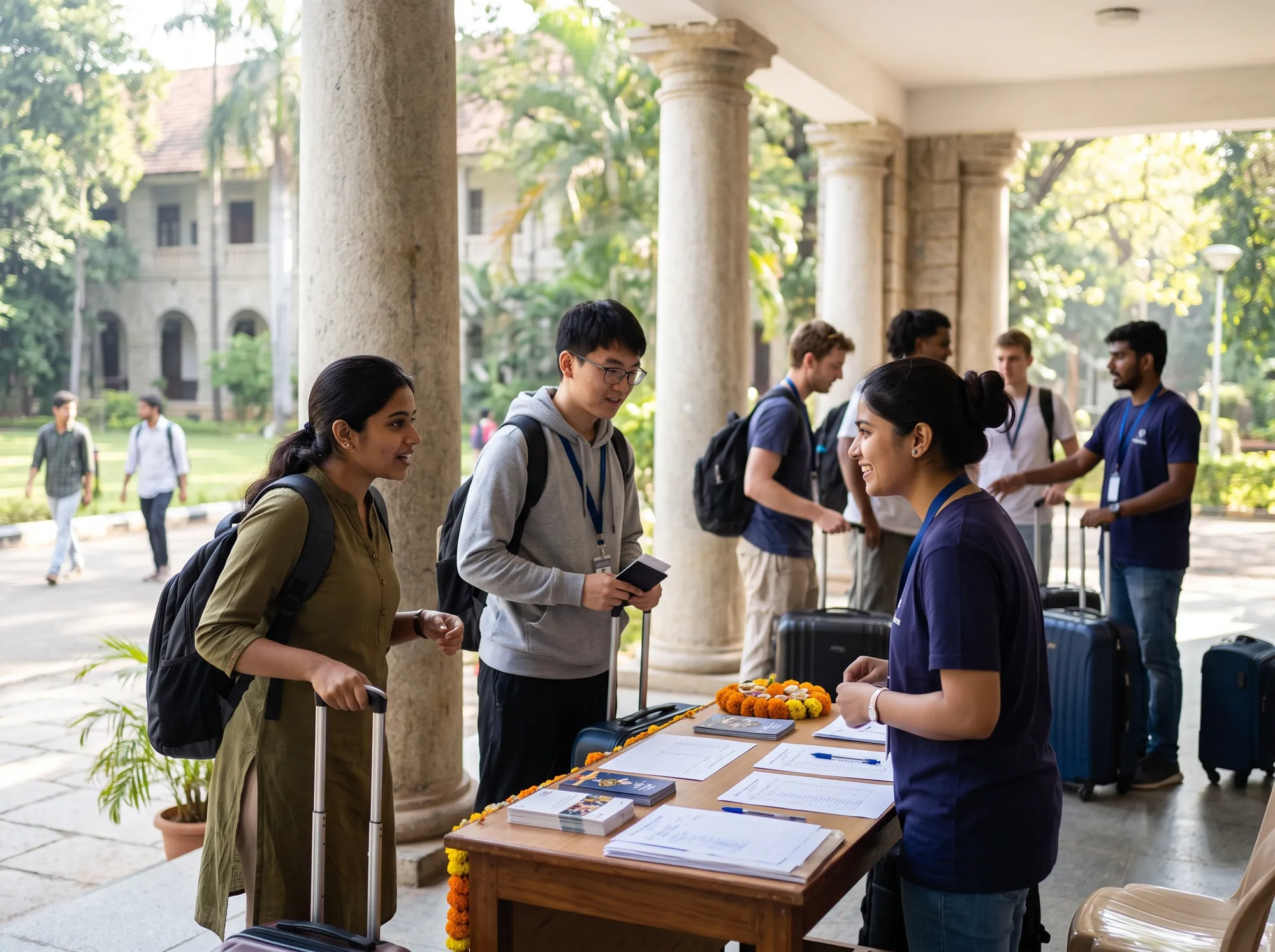 Student volunteers welcoming new students with suitcases at a desk under a stone veranda.